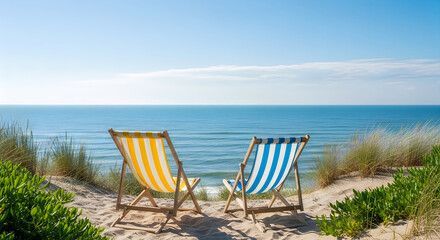 Fototapeta premium Beach chairs, striped deck chairs, yellow blue, ocean view, summer relaxation