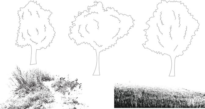 hand drawn tree outline shapes and grass texture black vector set