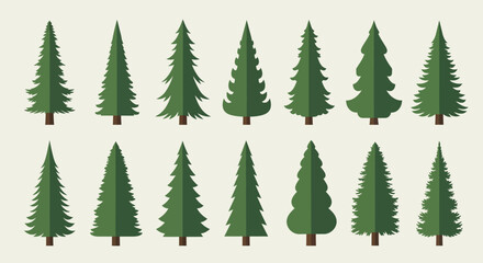 Obraz premium Collection of Flat Design Christmas Trees, Evergreen Fir Conifers, Winter Forest Elements