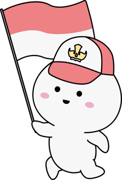 Karakter Kawaii Imut Membawa Bendera Indonesia Tema Pancasila