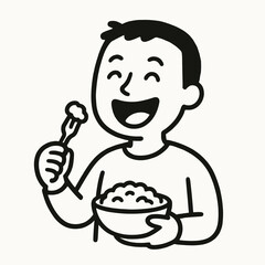 Minimalist black and white hand-drawn doodle illustrations of a man happy eating