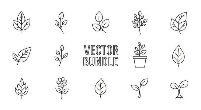 Hand-drawn Botanical Vector Bundle: Leaves, Seedlings, and Flower Icons