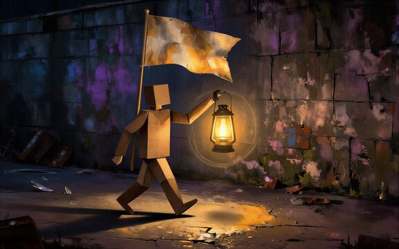 Boxman walks with flag and lantern illuminating dark alleyway under