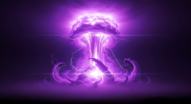 A purple mushroom cloud with lightning emanating from it