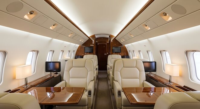 Luxurious private jet interior with comfortable seating and elegant wood finishes for exclusive travel and business.
