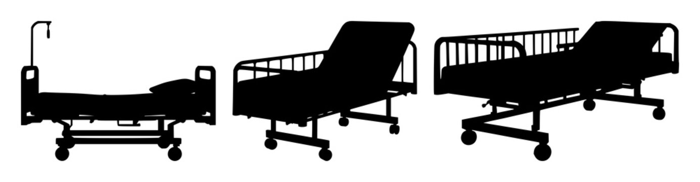 Hospital bed set with black silhouette on pristine white background exhibiting clinical environment featuring hospital, bed, silhouette with medical and healthcare