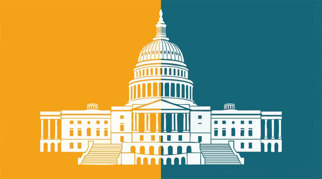 Stylized U.S. Capitol Building illustration on split orange and teal background