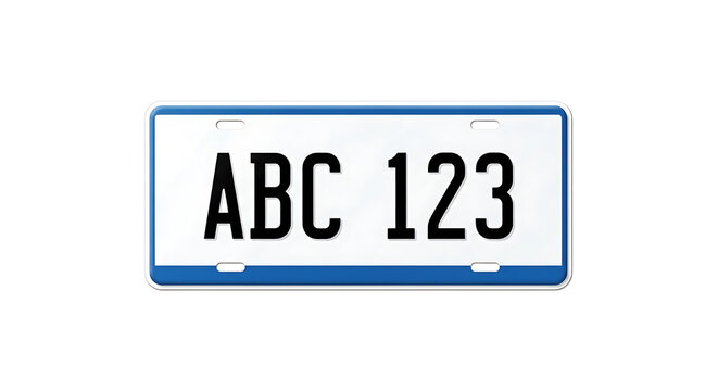 Blank blue license plate with ABC 123 text for customization and design templates