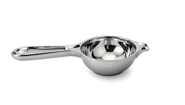 Stainless steel citrus juicer with polished reflective surface and spout isolated on white background kitchen tool