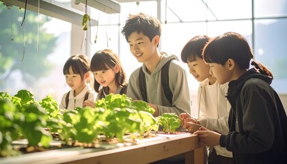 Naklejka premium Group of school children learning about plants in a modern indoor greenhouse representing education biology science and future agriculture