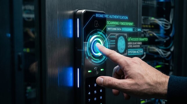 Biometric scanner with fingerprint and iris scan technology integrated into a server room door, offering advanced access control and security for sensitive data storage