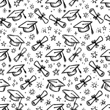 seamless pattern with graduation hats and certificate 