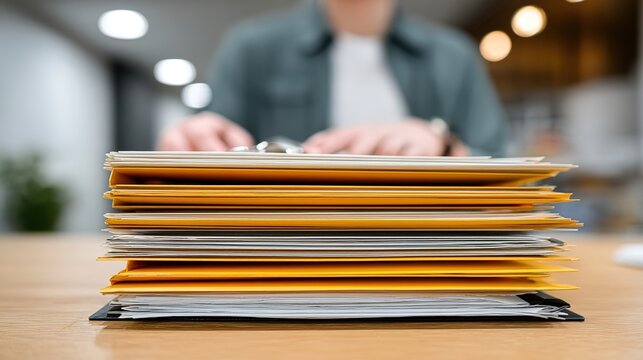 Focus on Documents: A stack of neatly organized documents rests on a wooden desk. In the background, a person works diligently, underscoring the importance of record-keeping and attention to detail. 