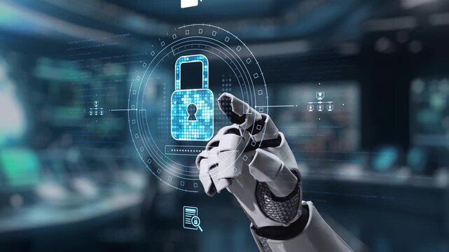 A robotic hand engages with a digital security interface displaying lock symbols and technology icons, illustrating advancements in cybersecurity and automation. Auvana