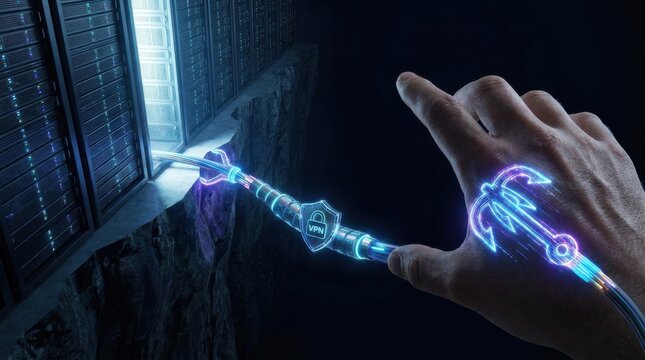 A conceptual illustration of a digital hand connecting to a secure server via a glowing vpn cable
