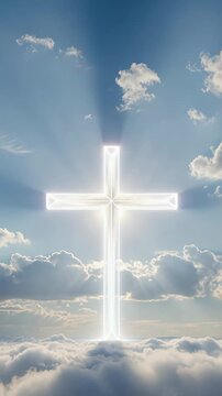 Glowing white cross against blue sky with clouds and divine light, vertical shot