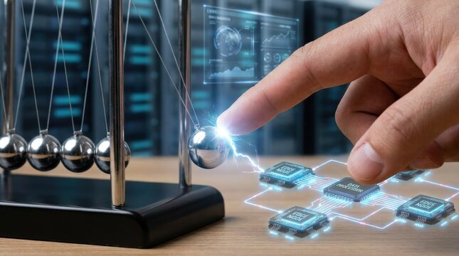 A hand touching a metallic pendulum ball creating a digital spark connection to computer chips