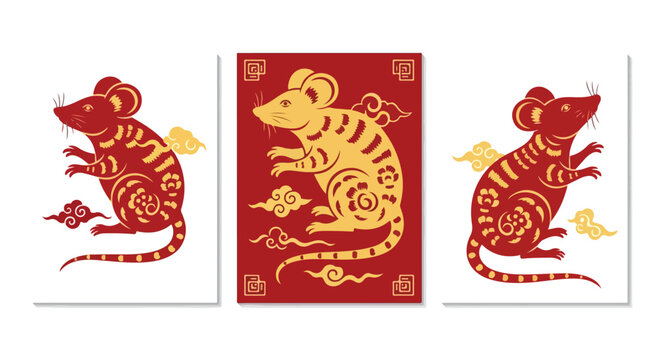 Red and gold vector rat illustrations on white background designs
