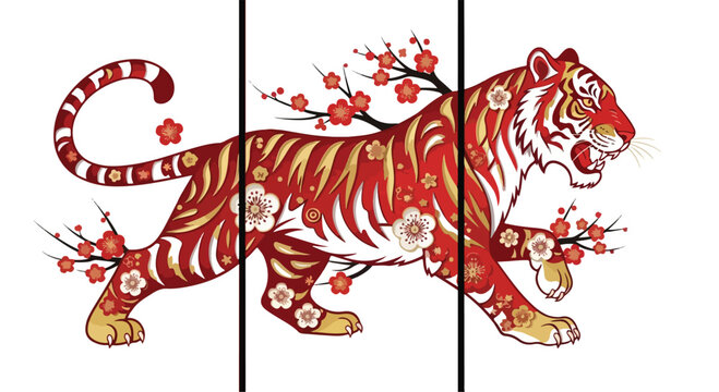 Vibrant red tiger illustration with cherry blossoms and gold accents walking forward
