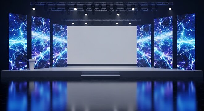 Futuristic stage with large LED screens displaying abstract blue light patterns and a central white projection screen for presentations and events