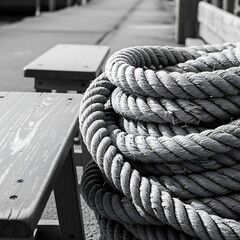 Fototapeta premium Black and white closeup of a coiled heavy duty nautical rope on a wooden dock.
