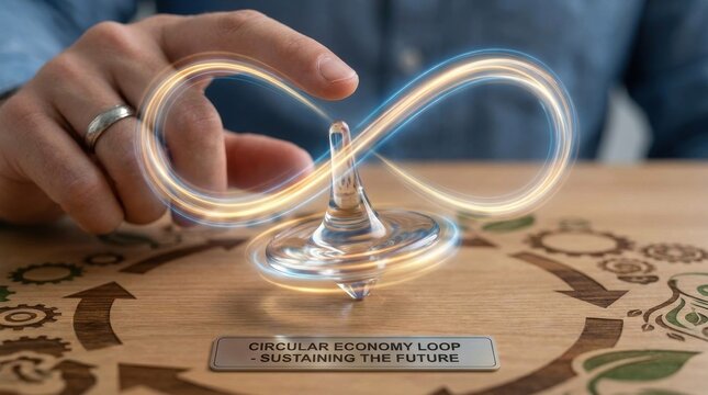 A hand interacting with a glowing infinity symbol above a circular economy wooden desk ornament
