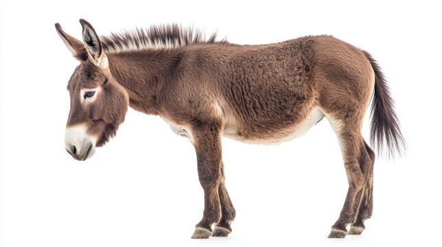 Brown Donkey Standing in Profile on White Background