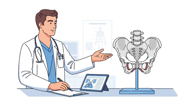 Doctor Explains Pelvic Anatomy Model with Digital Tablet and Chart