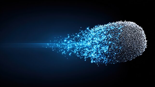 Digital Identity Dissolution: A dynamic depiction of a digital fingerprint gradually dissolving into a burst of bright, glowing particles.