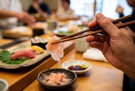 箸でガリを持ち上げる手元のアップ
