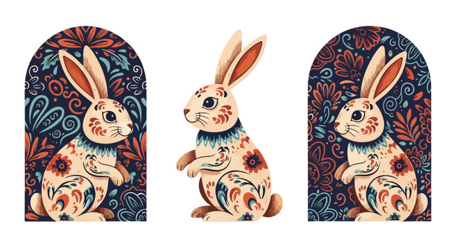 Three rabbits with floral patterns on their bodies are sitting in front of archway designs