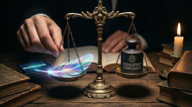 A conceptual image balancing the light concept of decentralization against regulatory compliance