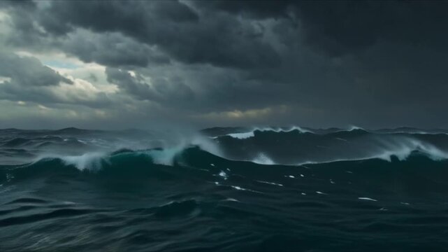 A stormy sea, with massive waves crashing, dark, rain-laden clouds overhead, dramatic wind effects, 4k video