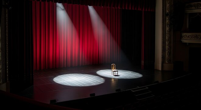 Empty theater stage with red curtains and spotlight on a single chair, ready for performance or monologue, dramatic lighting, anticipation