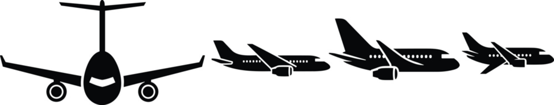 Airplane silhouette collection illustration, commercial aircraft front and side views, aviation transport icons set isolated on white background design