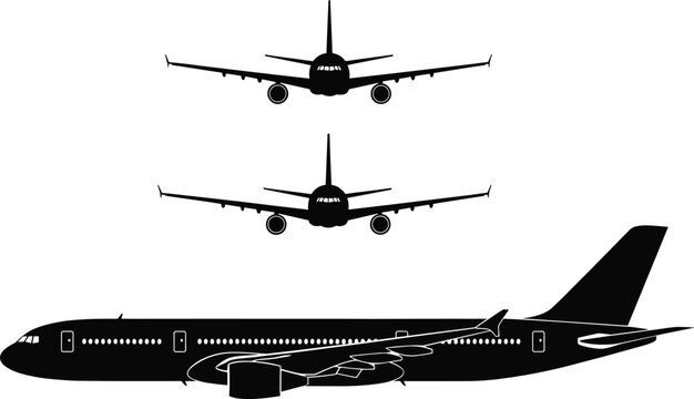 Airplane silhouette set illustration, commercial aircraft front and side views, aviation transport graphic, jet plane icons isolated on white background design