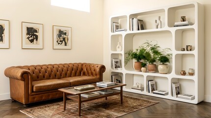 Fototapeta premium modern living room with brown leather sofa and white bookshelf
