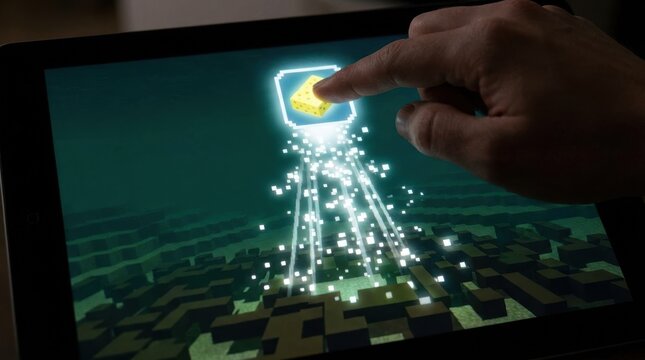 A close-up view of a person using a finger to interact with a glowing sponge icon on a tablet screen