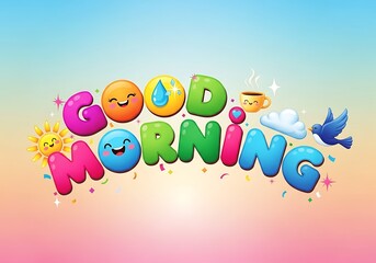 Fototapeta premium A cheerful and colorful graphic design greeting the start of a new day with playful letters and delightful icons.
