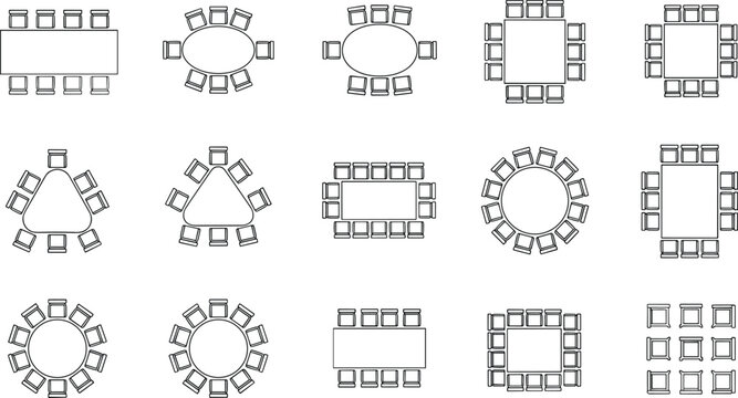 Conference table layouts collection top view, meeting room furniture plans, office seating arrangements, business workspace design, vector illustration set