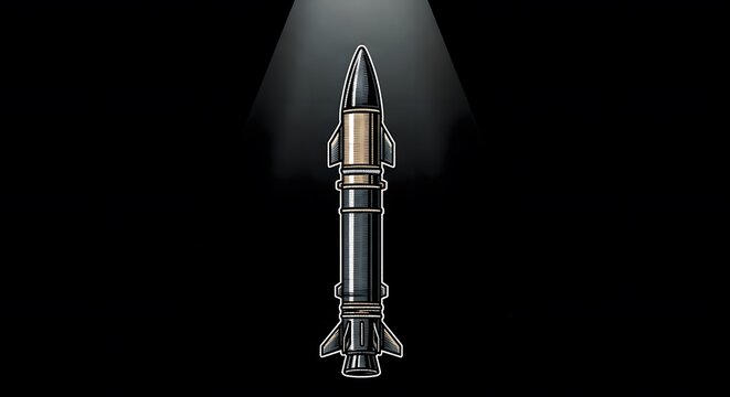 A sleek black rocket model with gold accents shines under a spotlight