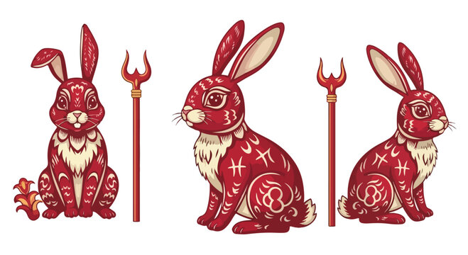 Red rabbits with devil horns and astrology symbols vector illustration