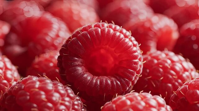 Closeup Macro Shot of Fresh Ripe Red Raspberries in Natural Light.