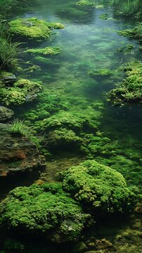 Lush green moss and clear water in a vibrant natural stream