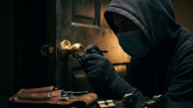 Burglar attempts to pick lock on wooden door at night with tools wearing gloves and mask, concept of crime and illegal entry into a house, danger and security.