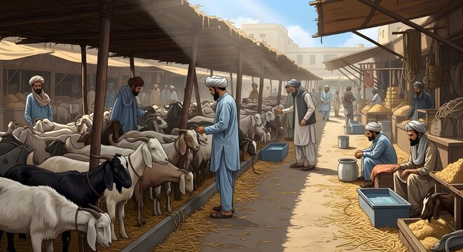 Traditional livestock market scene with men selling goats and sheep isolated PNG with Transparent Background
