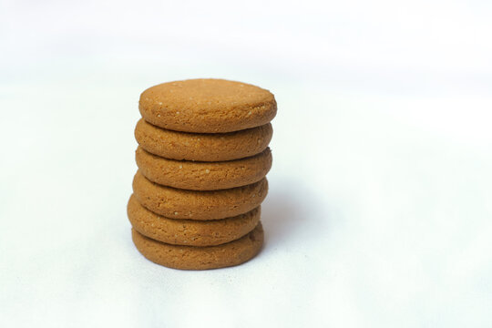 Delicious butter cookies, stack of golden sugar butter cookies with suger isolated on white background, sweet cookies.