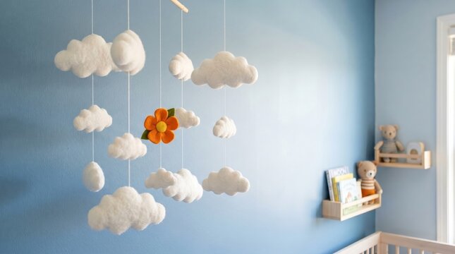 Baby mobile with white felt clouds and orange flower hanging above crib in nursery.