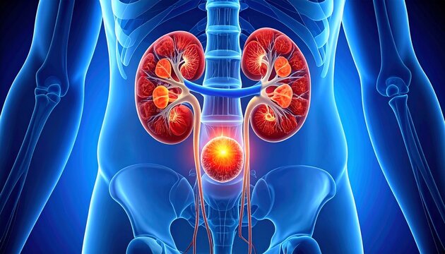   
A medical illustration highlights kidneys in vivid orange-red with ureters and bladder, symbolizing filtration, anatomy, and essential biological function.