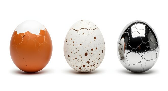Three cracked decorative eggs on white background showing textures set.